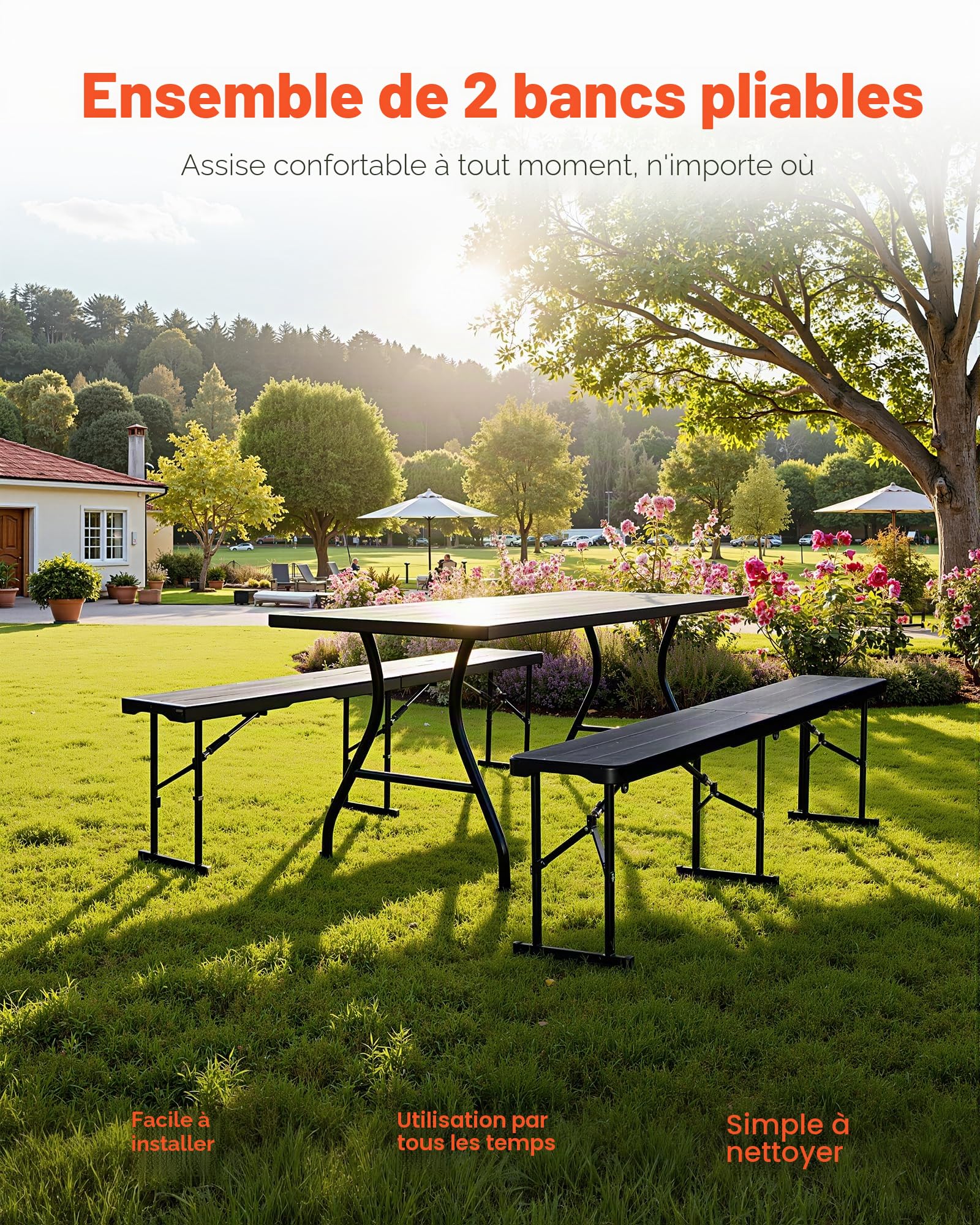 VEVOR Banc Pliant Portable en Plastique, 1825 mm, Banc de Camping, Lisse en PEHD imperméable, siège Pliable avec 2 Sacs de Transport, pour Pique-Nique, Football, Camping, Jardin, Noir (2 pièces)