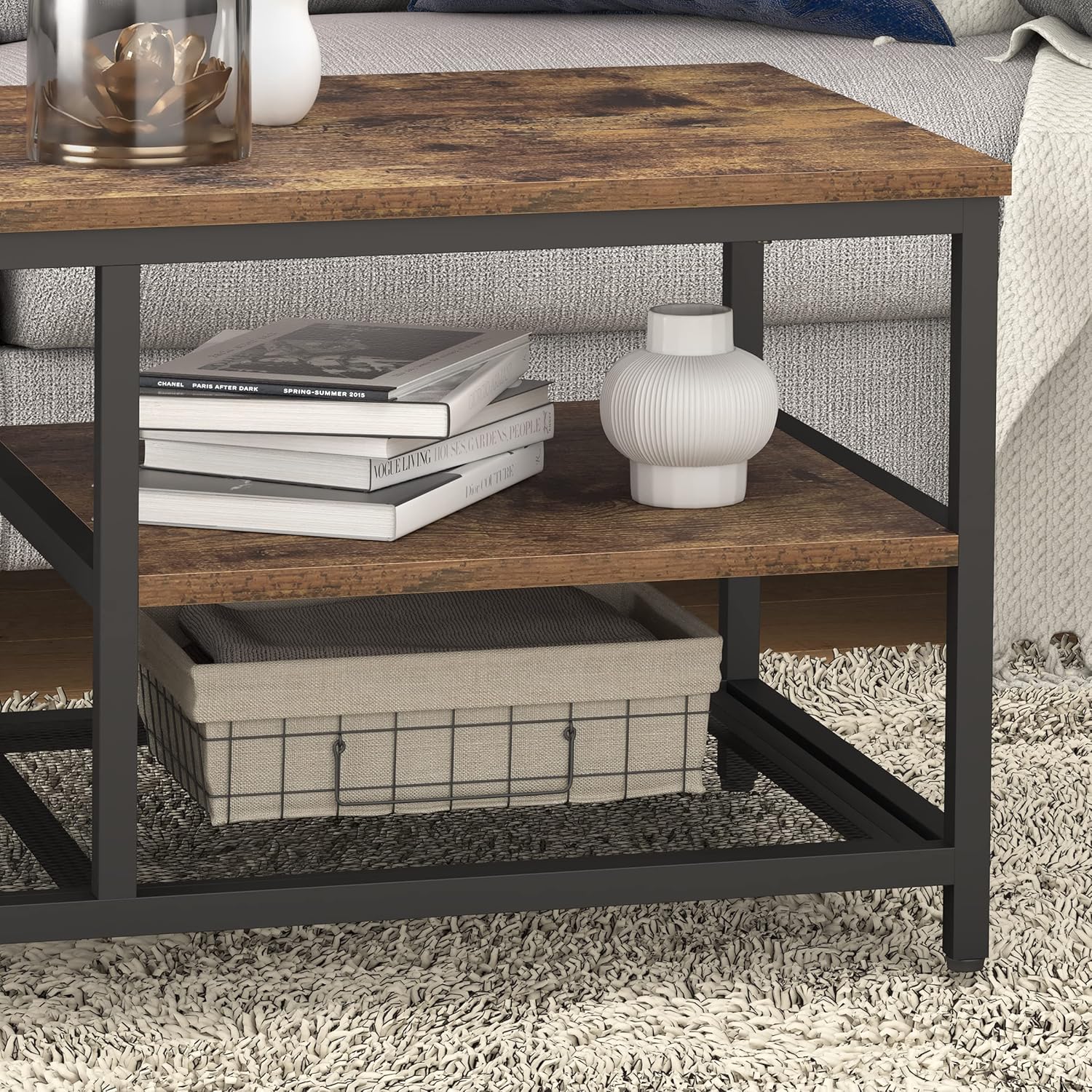 Usinso Coffee Table, Industrial Coffee Table with 3-Tier Storage Shelf for Living Room, Rectangle Vintage Wood and Stable Metal Coffee Table, 40 inch Rustic Brown : Home & Kitchen