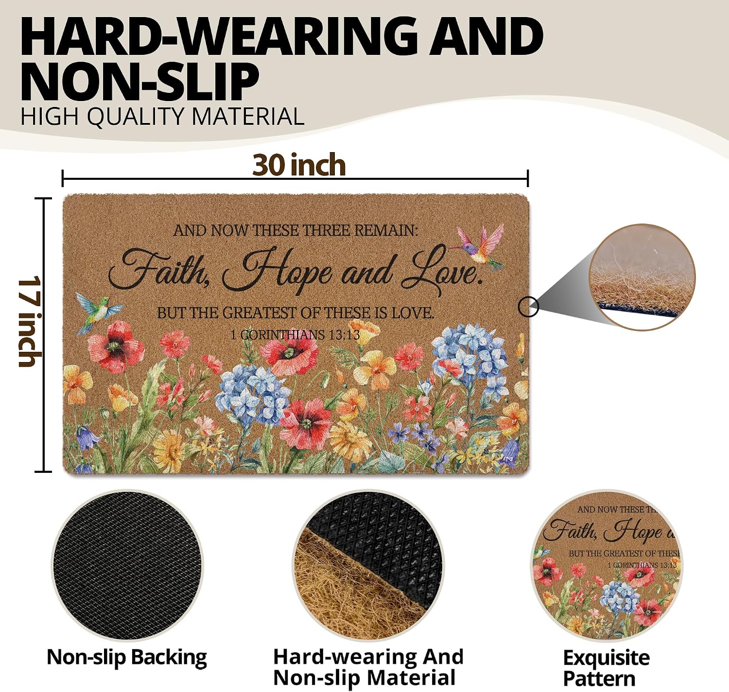 Christian Floral Birds Door Mat, Bible Verse Doormat, Bird Flower Welcome Front Door Mat Indoor Outdoor Entrance, Botanical Artificial Coir Doormats Rugs for Patio Entry Kitchen Decor 30x17in