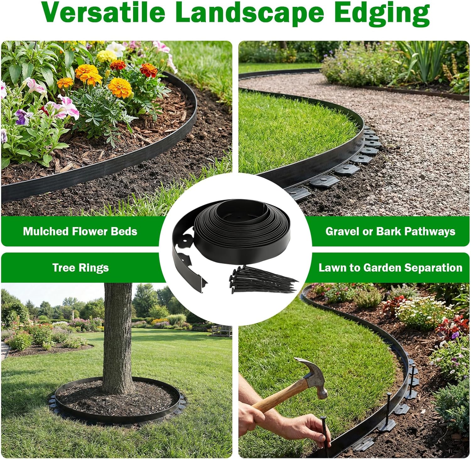 No Dig Landscape Edging Border 2-Inch x 40 FT, Heavy-Duty Plastic Garden Edging with 50 Spikes, Garden Edging for Flower Beds Pathway Paver Edging, Black