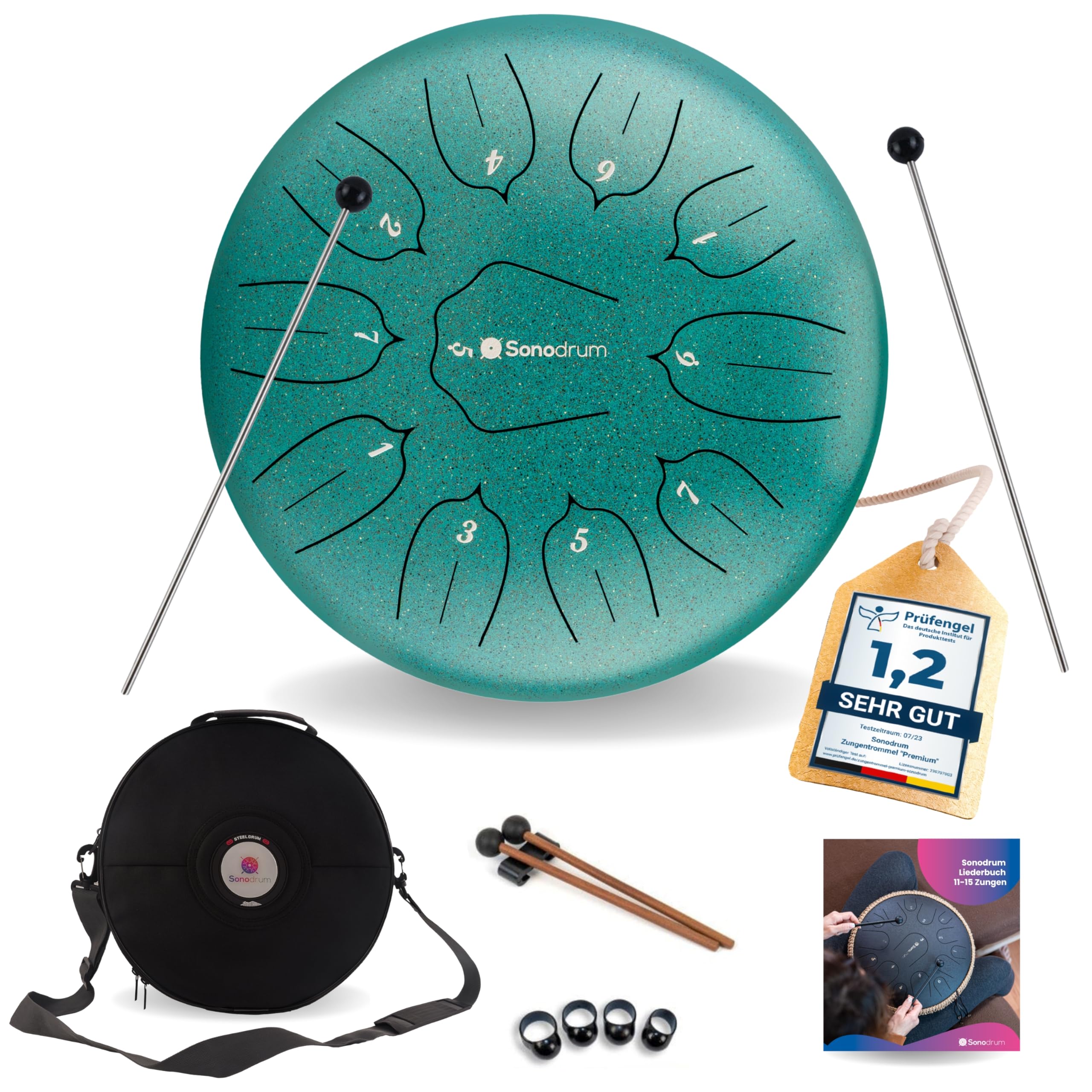 tamburo a lingua d'acciaio 'Standard' in Re Maggiore, verde - 30 cm con 11 note - steel tongue drum con canzoniere, mazzuoli, fingersticks e borsa da trasporto. Senza leggere le note.