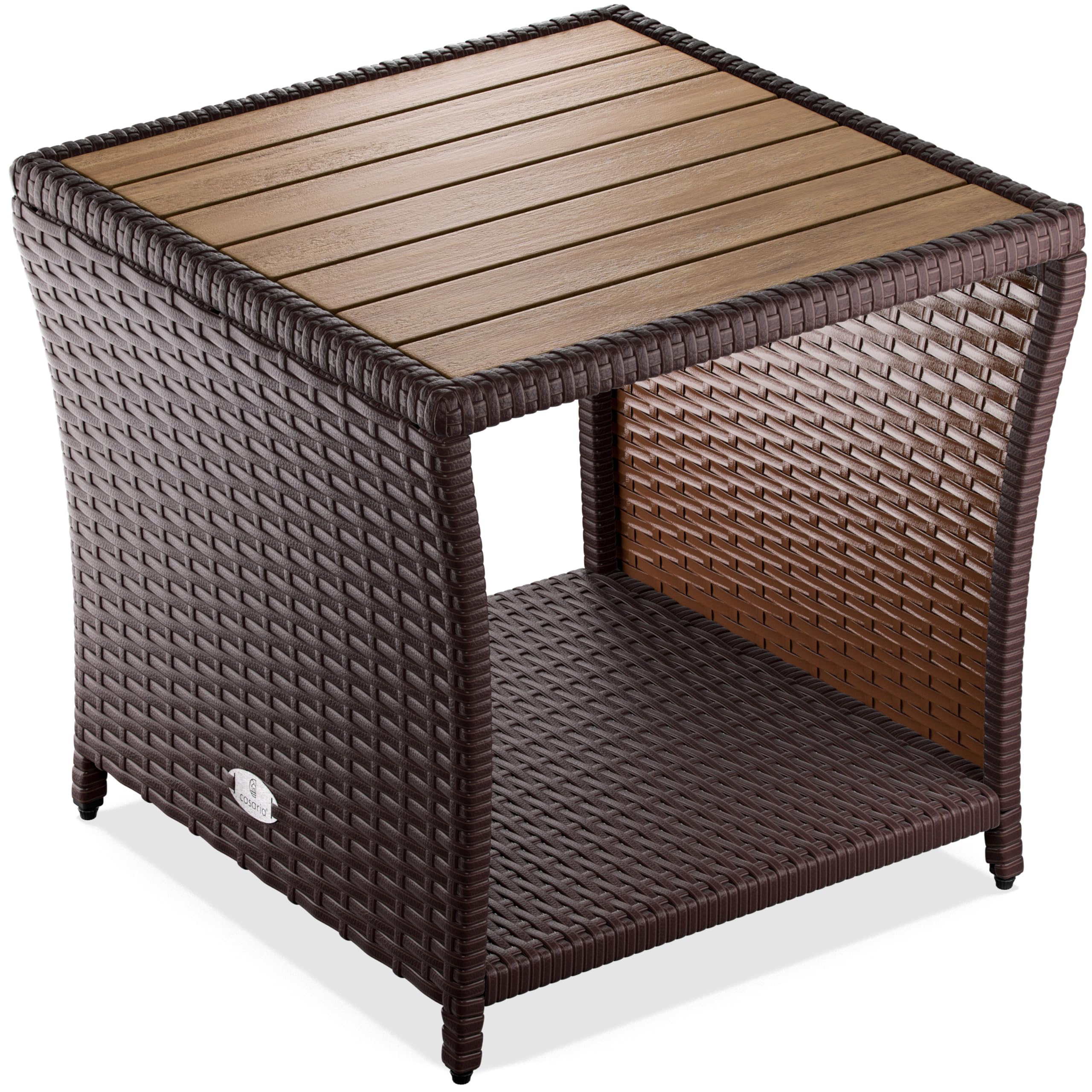 CASARIA® Mesa Auxiliar Jardín 45x45x40cm Poliratán Tablero Madera Acacia Mesa Exterior Balcón Carga 80kg Resistente Intemperie Marrón