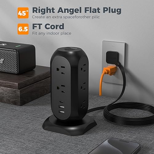 Miniatura 5 de TESSAN Torre de regleta protectora contra sobretensiones con 3 puertos USB, 11 tomacorrientes, 1875 W15 A, cable de extensión negro de 6 pies,