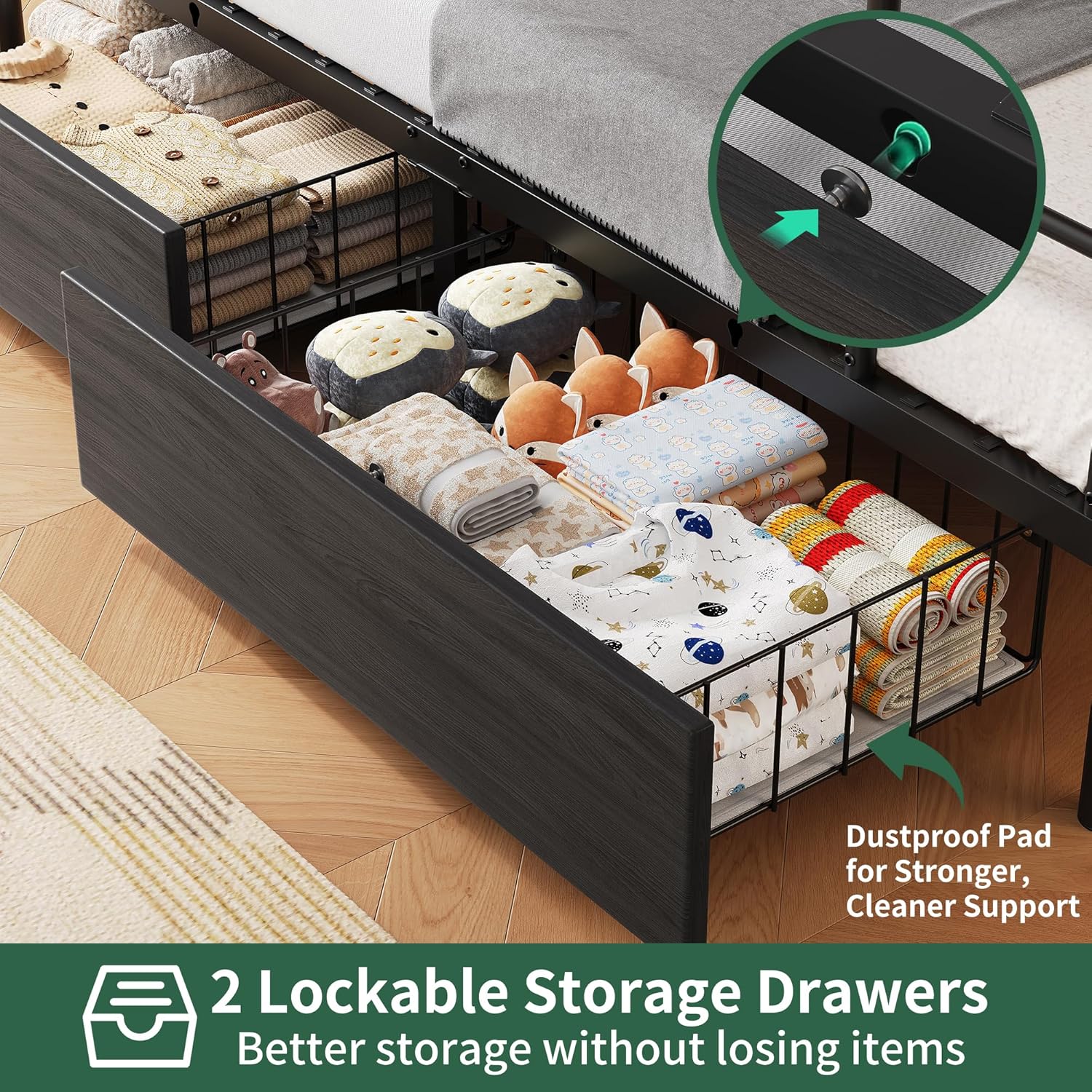 Two lockable storage drawers under the bed