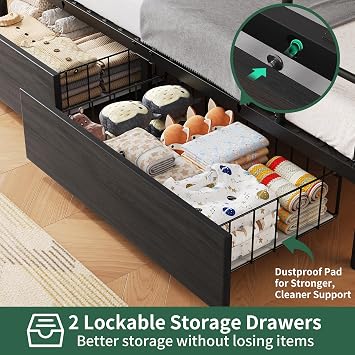 Jocoevol Metal LED Bunk Bed Twin Over Twin with 2 Storage Drawers, USB Charging Station, Industrial Bunkbeds Heavy Duty Bed with Safety Guardrail and Ladder, No Box Spring Needed, Black