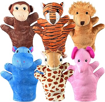 6 PCS Hand Puppets Set Animal Plush Puppet Elephant Tiger Giraffe Monkey Lion Hippo for Storytelling Playing Teaching Shows Playtime Schools Birthday Party Favor Supplies