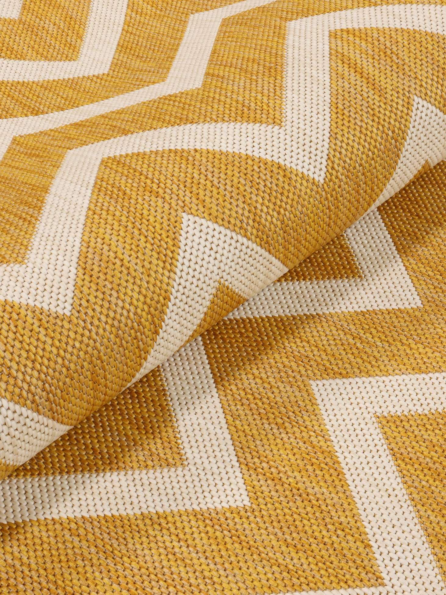 RugVista Capri Alfombra Interior y Exterior, Redondo, Ø 150 cm, Amarillo | Modernas, Pelo corto, Lavado a mano, Oeko-Tex 100, Resistente a los rayos UV, Cocina, Pasillo, Patio