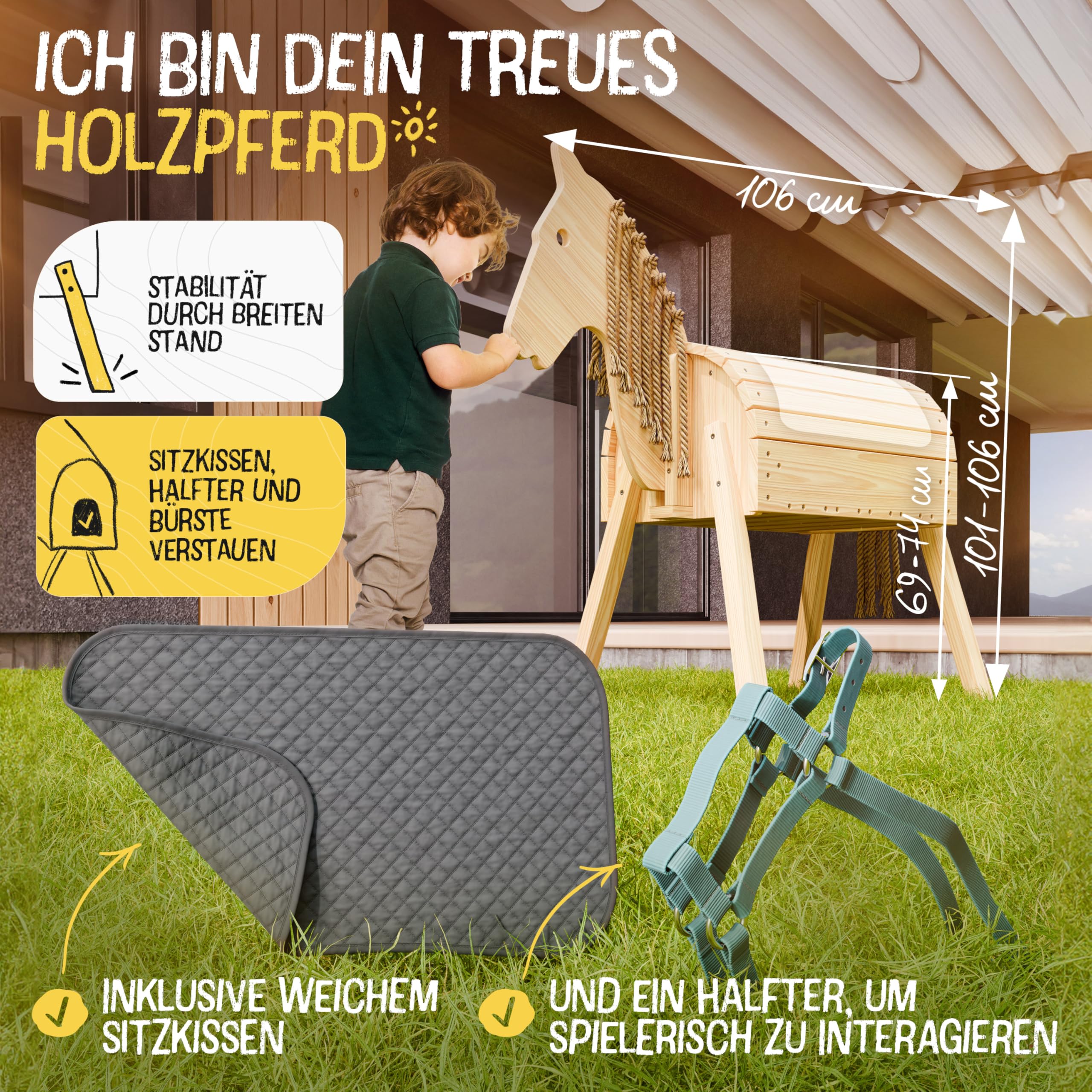 FRIEDO Holzpferd mit Sattel (Sitzkissen) & Pferdegeschirr, Höhenverstellbar | Kleines Spielpferd aus unbehandeltem Holz mit beweglichem Kopf, Holzpferd für draußen im Garten geeignet (101-106cm), Outdoor
