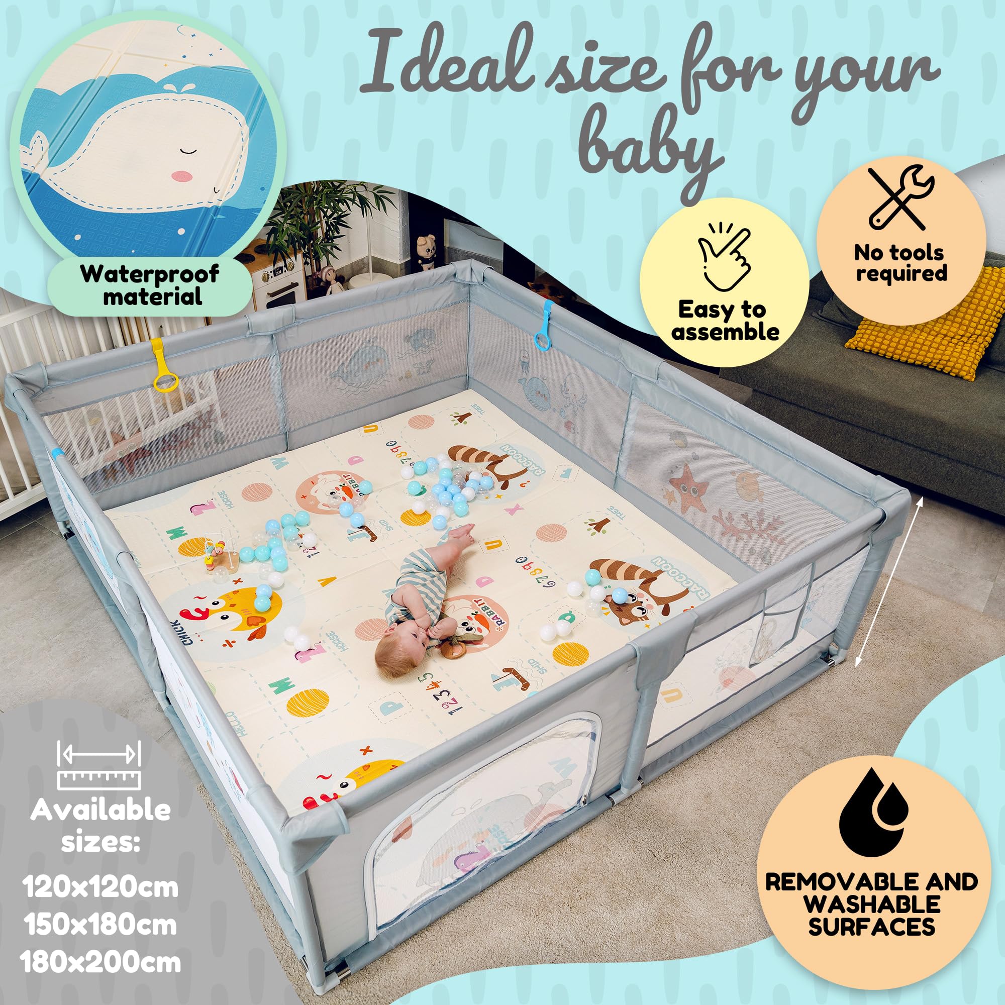 Parque Infantil Bebe 150x180cm + Alfombra Bebe + 60 Bolas + Agarraderas + Bolsas de Transporte – Corralito Bebe con Malla Transpirable – Parque de Juegos Bebe – Playpen Bebe (150x180 cm)