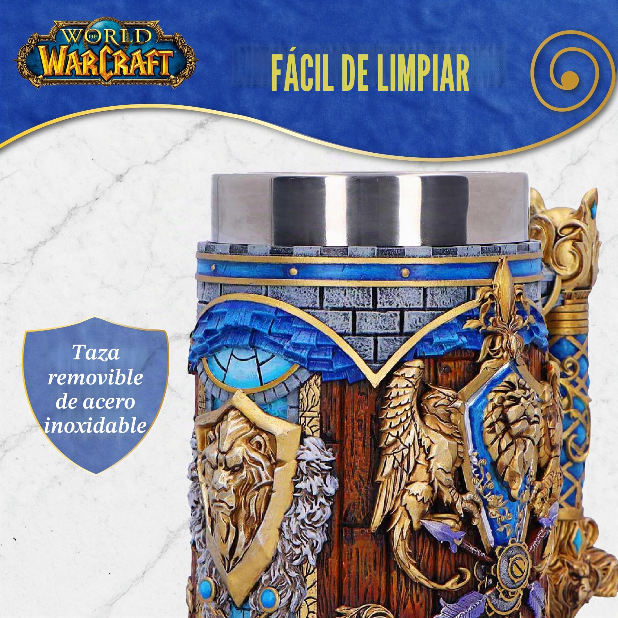 Nemesis Now Taza de Alianza World of Warcraft de 15.5 cm - Vajilla de bebida oficialmente licenciada de la Alianza con escudo, diseño de bandera e inserción de acero inoxidable