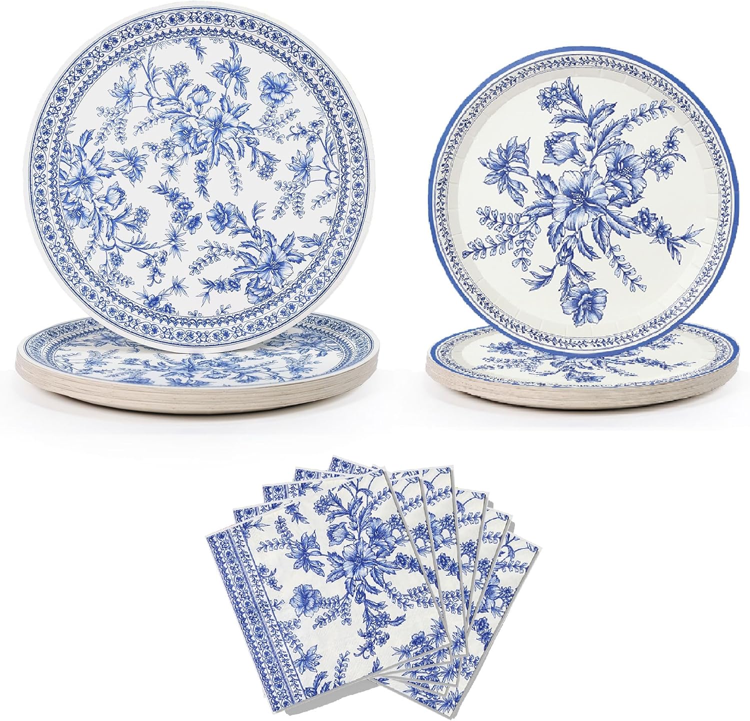 Coterie Blue Floral Paper Party Plates and Napkins Set for 20 people - 65 pc Floral Party Kit for Bridal/Baby Shower, Tea Party and More - Disposable Floral Party Supplies | Includes 20 large plates,