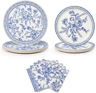 Coterie Blue Floral Paper Party Plates and Napkins Set for 20 people - 65 pc Floral Party Kit for Bridal/Baby Shower, Tea Party and More - Disposable Floral Party Supplies | Includes 20 large plates,