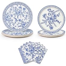 Coterie Blue Floral Paper Party Plates and Napkins Set for 20 people - 65 pc Floral Party Kit for Bridal/Baby Shower, Tea Party and More - Disposable Floral Party Supplies | Includes 20 large plates,