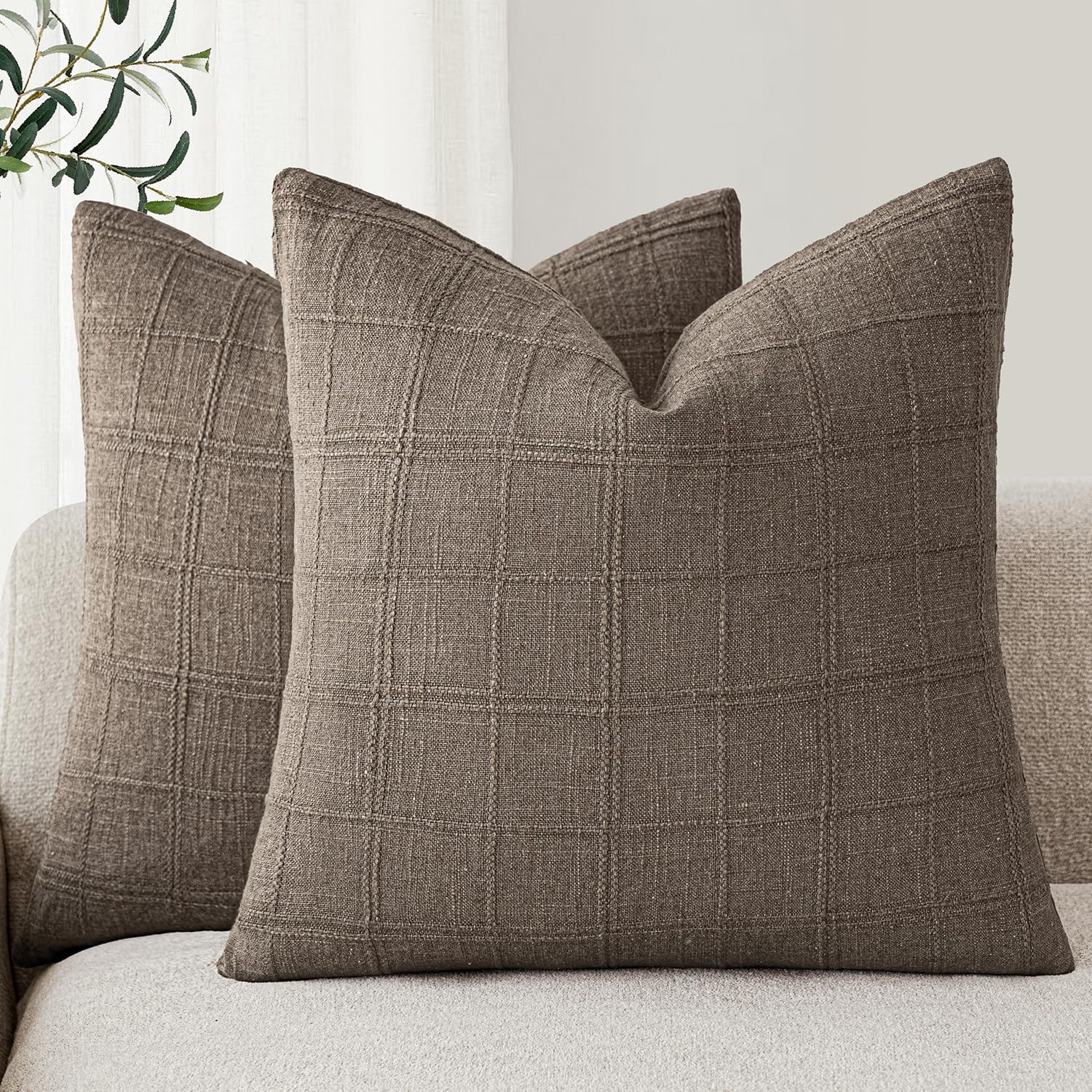 Foindtower Boho Linen Check Decorative Throw Pillow Covers 16×16 Taupe Grey