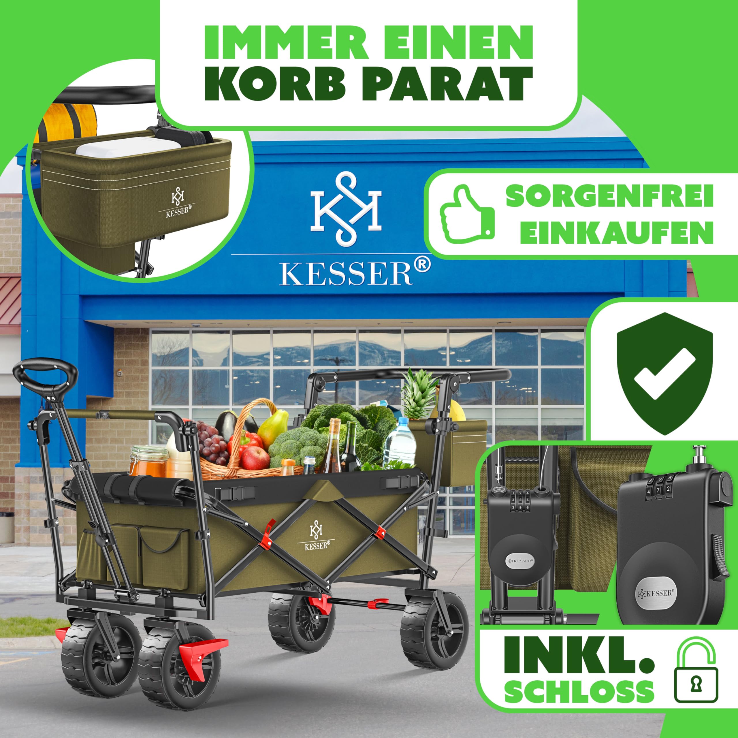 KESSER® Chariot de Transport GT9000 Pliable avec Toit | Charrette à Bras | Chariot de Transport | 2 systèmes de Ceinture à 3 Points fournis Pliable | capacité de Charge de 80 kg Maximum