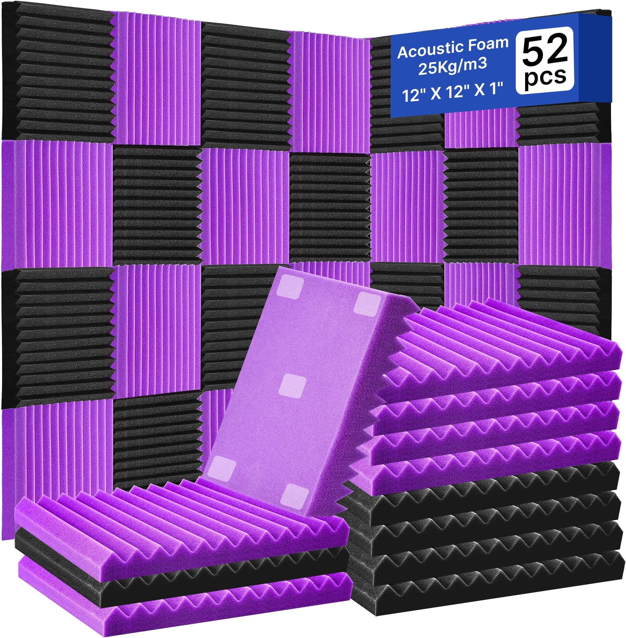 52 Pack Acoustic Foam Panels,1" x 12" x 12"Acoustic Wedge Studio Foam Sound Absorption Wall Panels (Black/Purple)