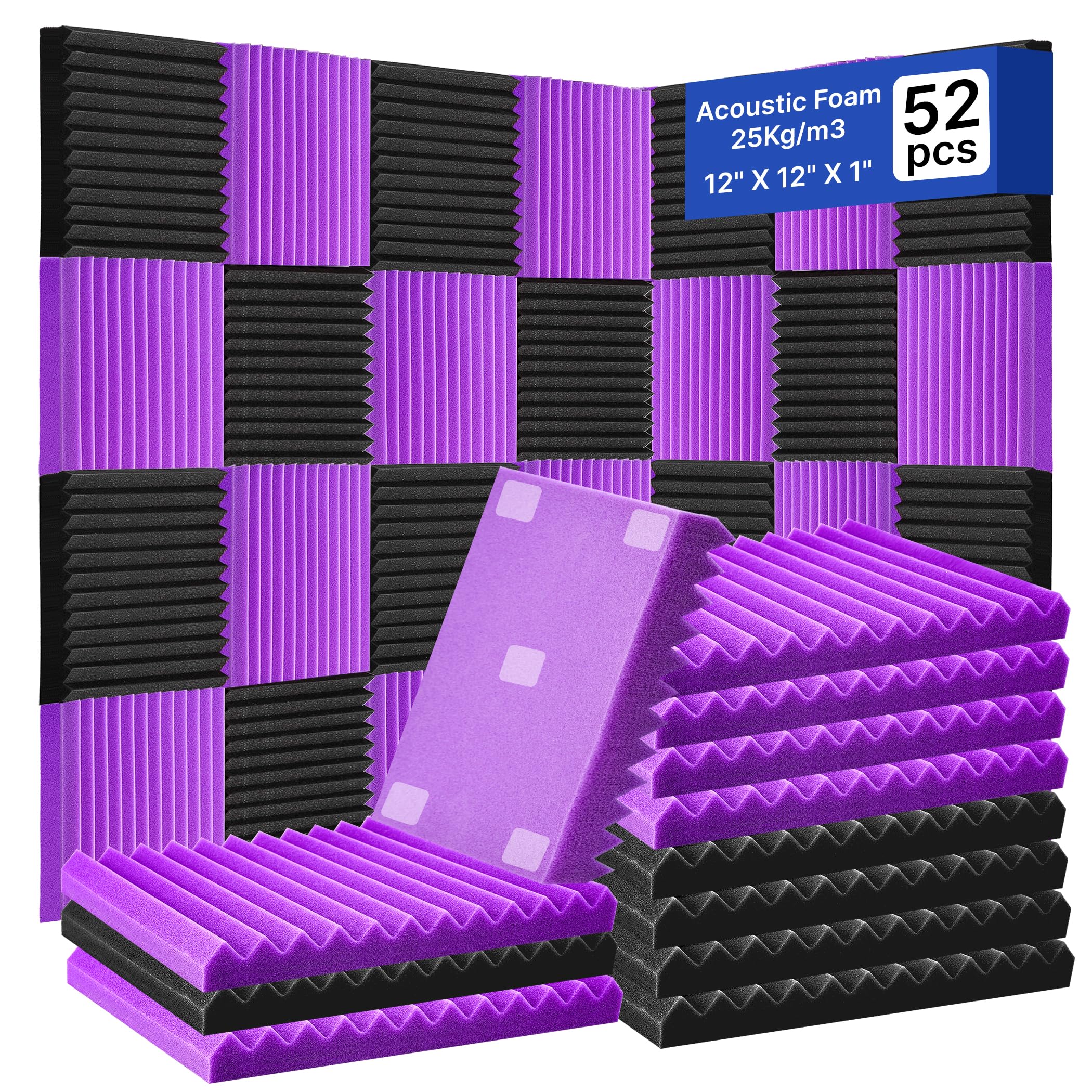 52 Pack Acoustic Foam Panels,1" x 12" x 12"Acoustic Wedge Studio Foam Sound Absorption Wall Panels (Black/Purple)