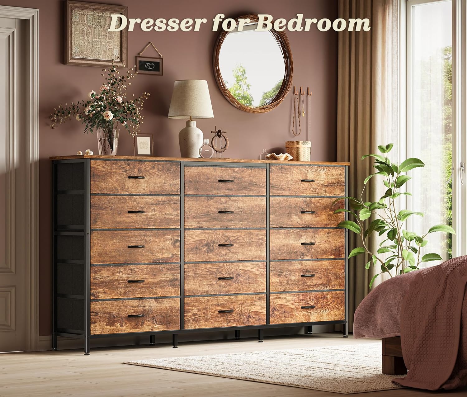 PRAISUN 63 Inch Long Dresser TV Stand for 65, 70 Inch TV, 15 Drawer Dresser for Closet, Bedroom, Large Fabric Drawers, Entryway Hallway Chest of Drawers, Wooden Top, Media Console, Rustic Brown