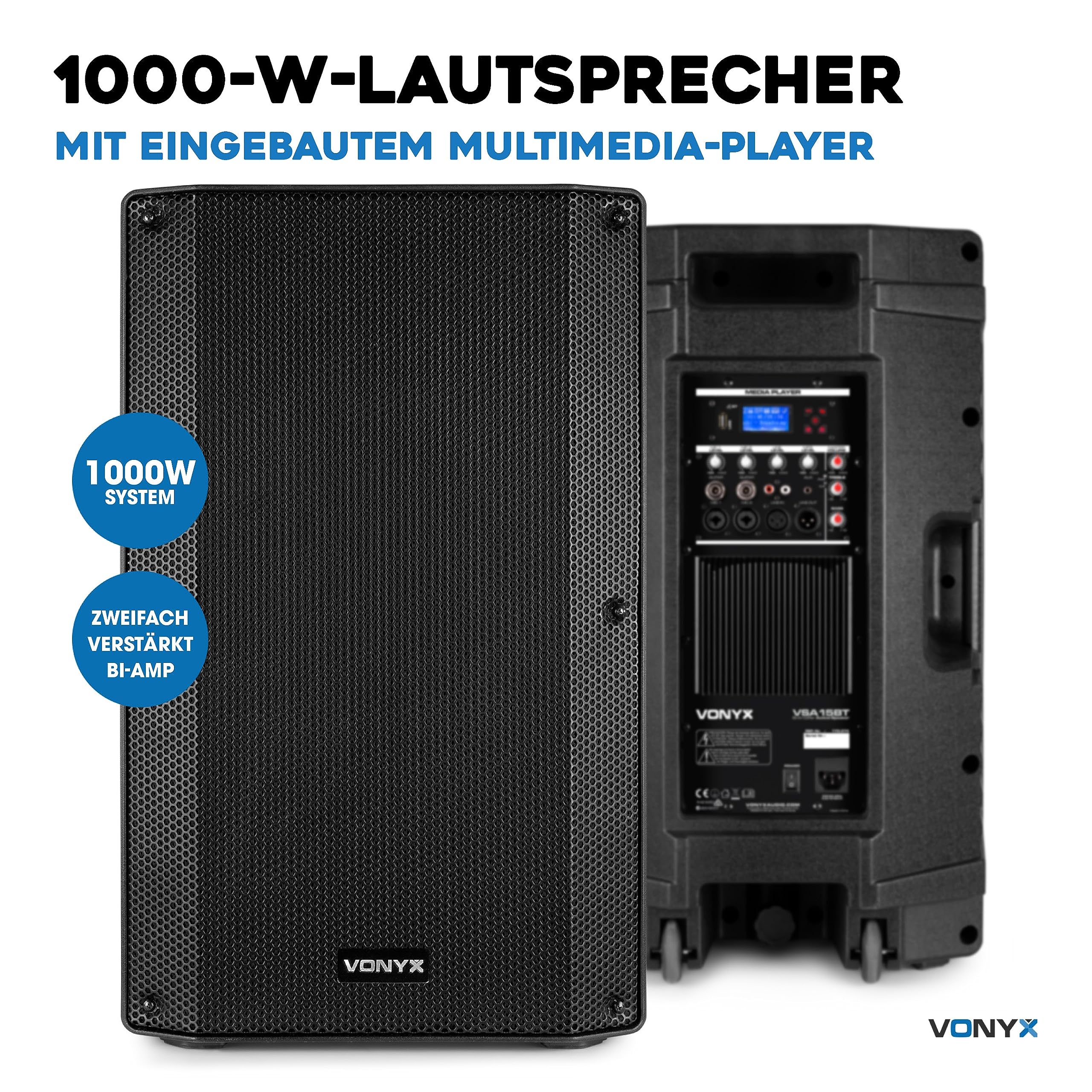 Vonyx VSA15BT - Aktivlautsprecher, Bluetooth, 1000 Watt PA Anlage, PA Lautsprecher Aktiv mit 15 Zoll Subwoofer, Bi-Amp, Mikrofon-Input, Equalizer, Gitarreneingang MP3-Player, PA Boxen für Gitarristen