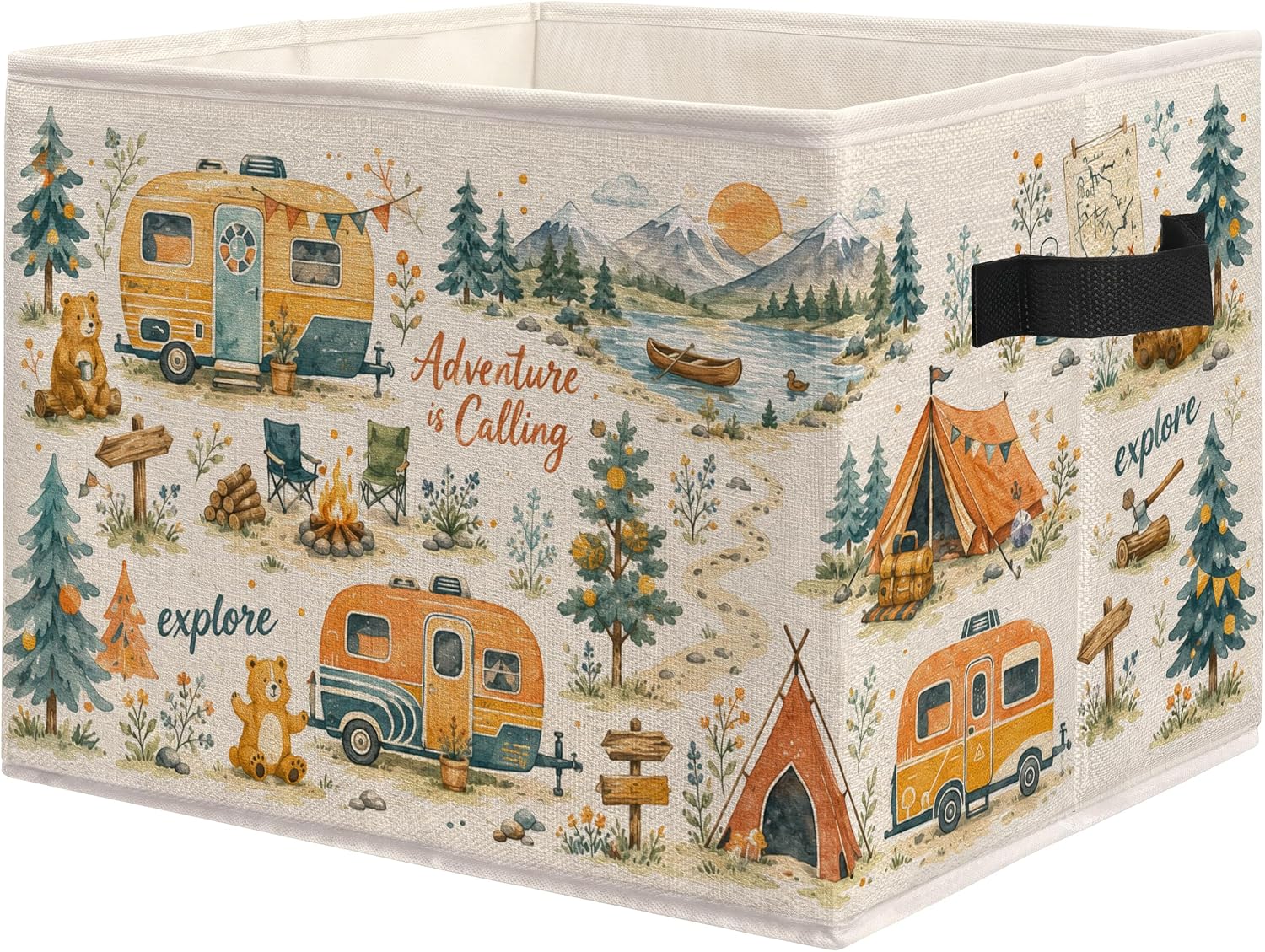 Vintage RV Camping Bear Forest Storage Bin Box with Handles