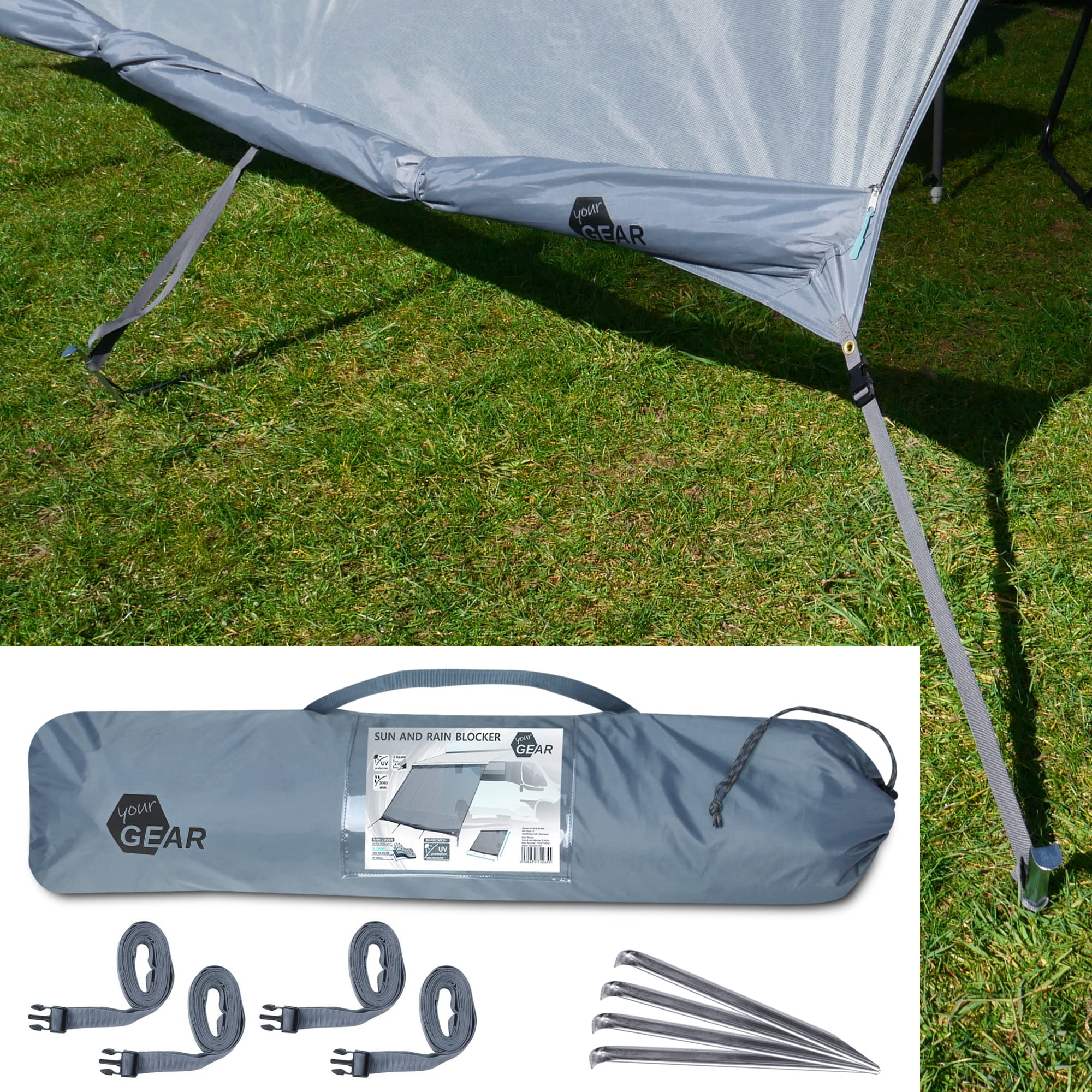 Gear Sun & Rain Blocker – Toldo delantero o paredes laterales, varios tamaños, UPF 50+, 5000 mm de columna de agua, 3 refuerzos de 4,3, 6,2 y 7 mm, anchuras