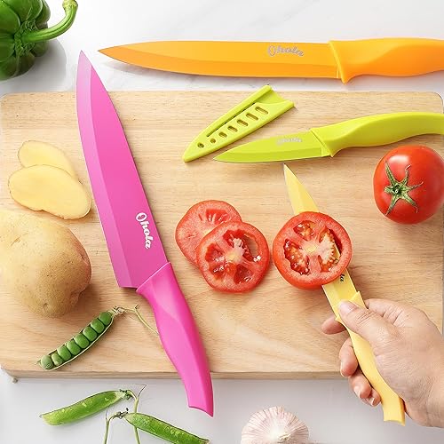 Miniatura 8 de OHOLA - Juego de cuchillos de cocina de 12 piezas, juego de cuchillos de acero inoxidable con mango ergonómico de plástico, 6 cuchillos con 6 fundas