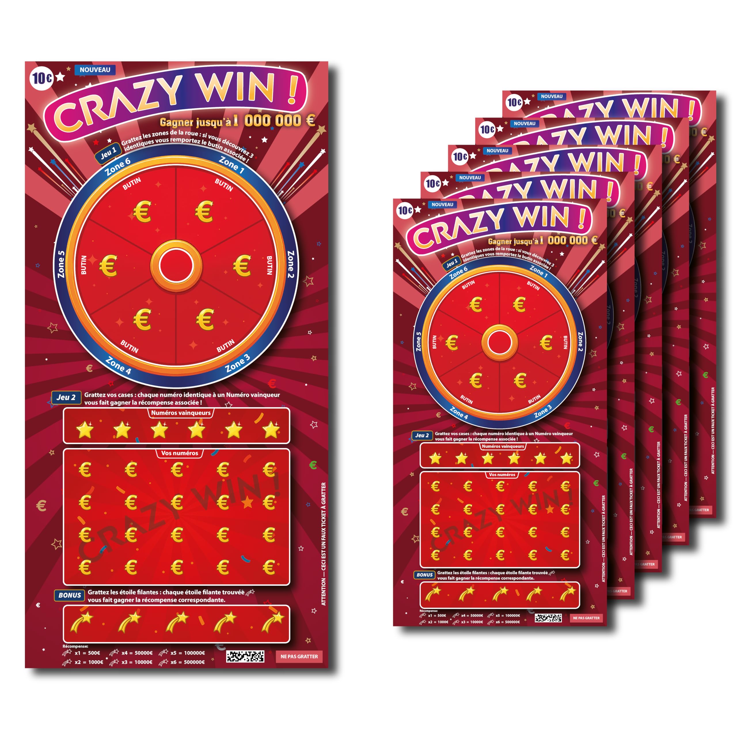 CLEARMASTER Fake Crazy Win Scratch Tickets x5 - Fake Gain of €1,000,000 - Joke - hoax - Prank - Pranks and catches