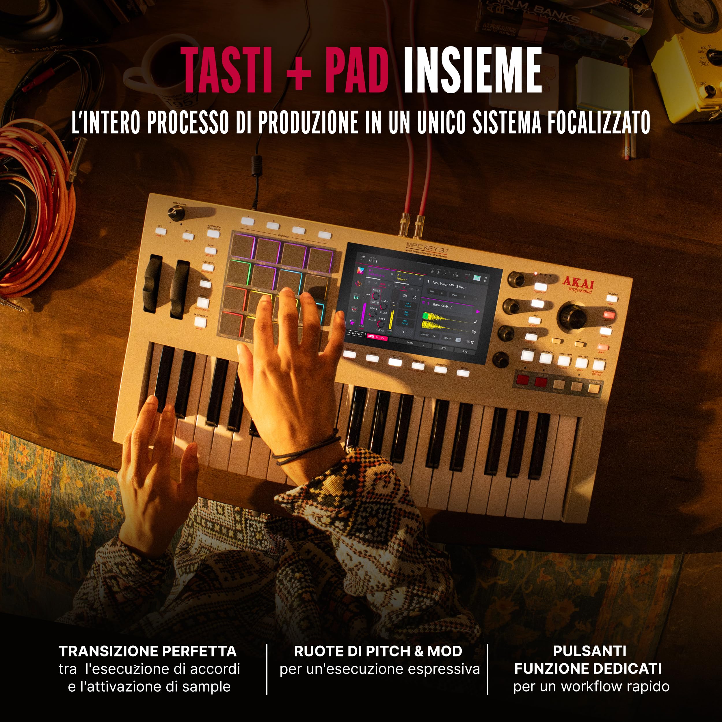 Akai Professional MPC Key 37 G2 Tastiera di produzione standalone Next-Gen | Sintetizzatore per producers, sampling & sequencing, con USB-C, 37 tasti, 16 pad MPC, processore 8-core, 4 GB RAM