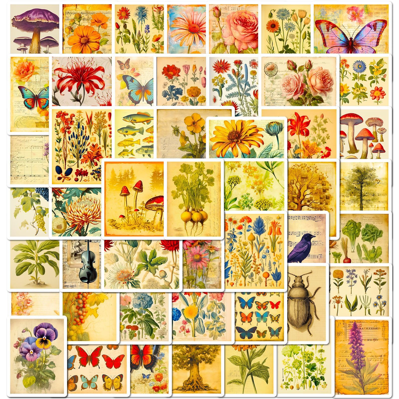 Mistree 50 Pegatinas Amarillo, Stickers Flores, Setas, Aves, Árboles, Uva, 5 CM