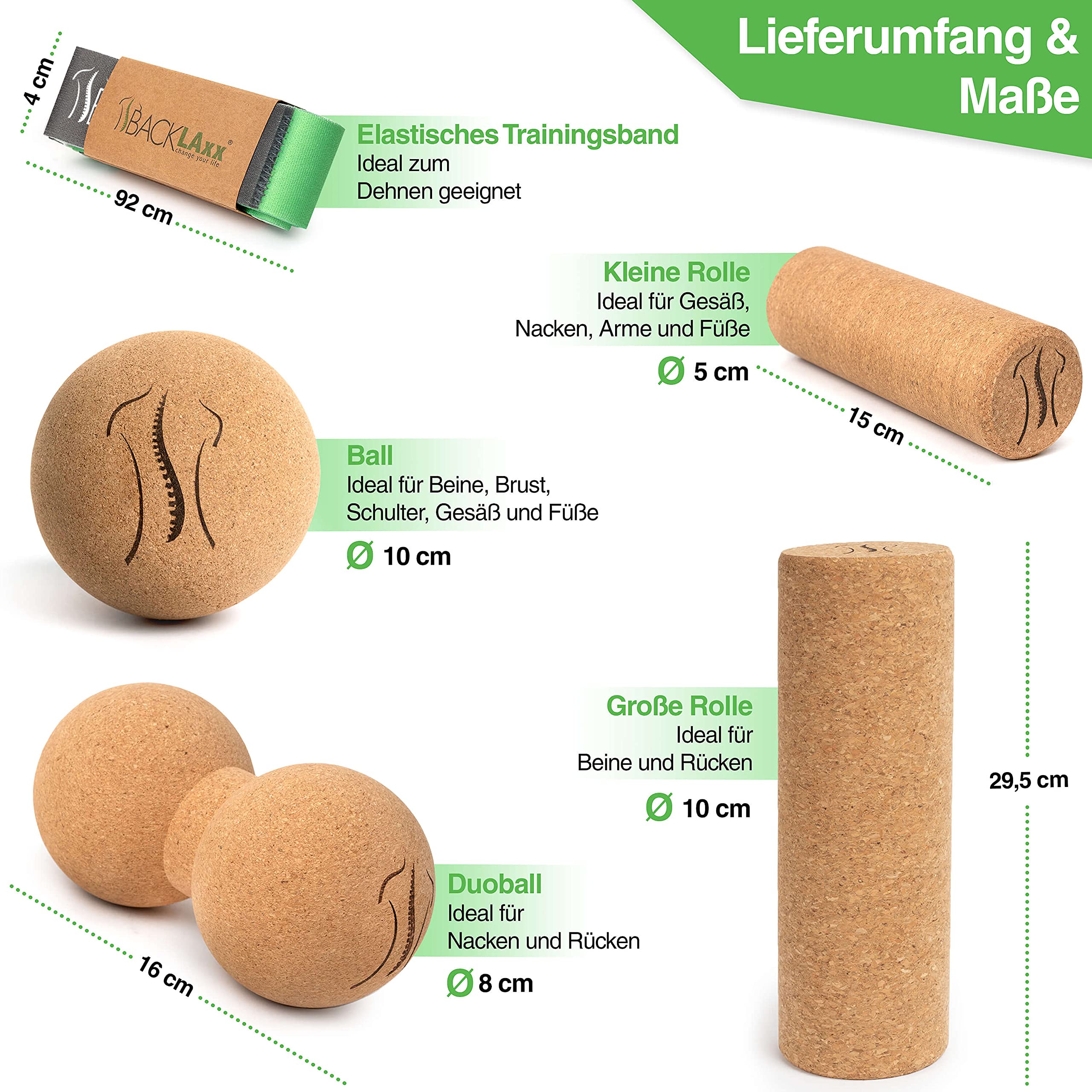 BACKLAXX® Faszienrolle Set aus Kork mit Faszienball & Massageball | Faszienrolle Wirbelsäule & Rücken | Faszien Set für Oberschenkel & Fuß | Fazienrolle DuoBall schadstofffrei antibakteriell