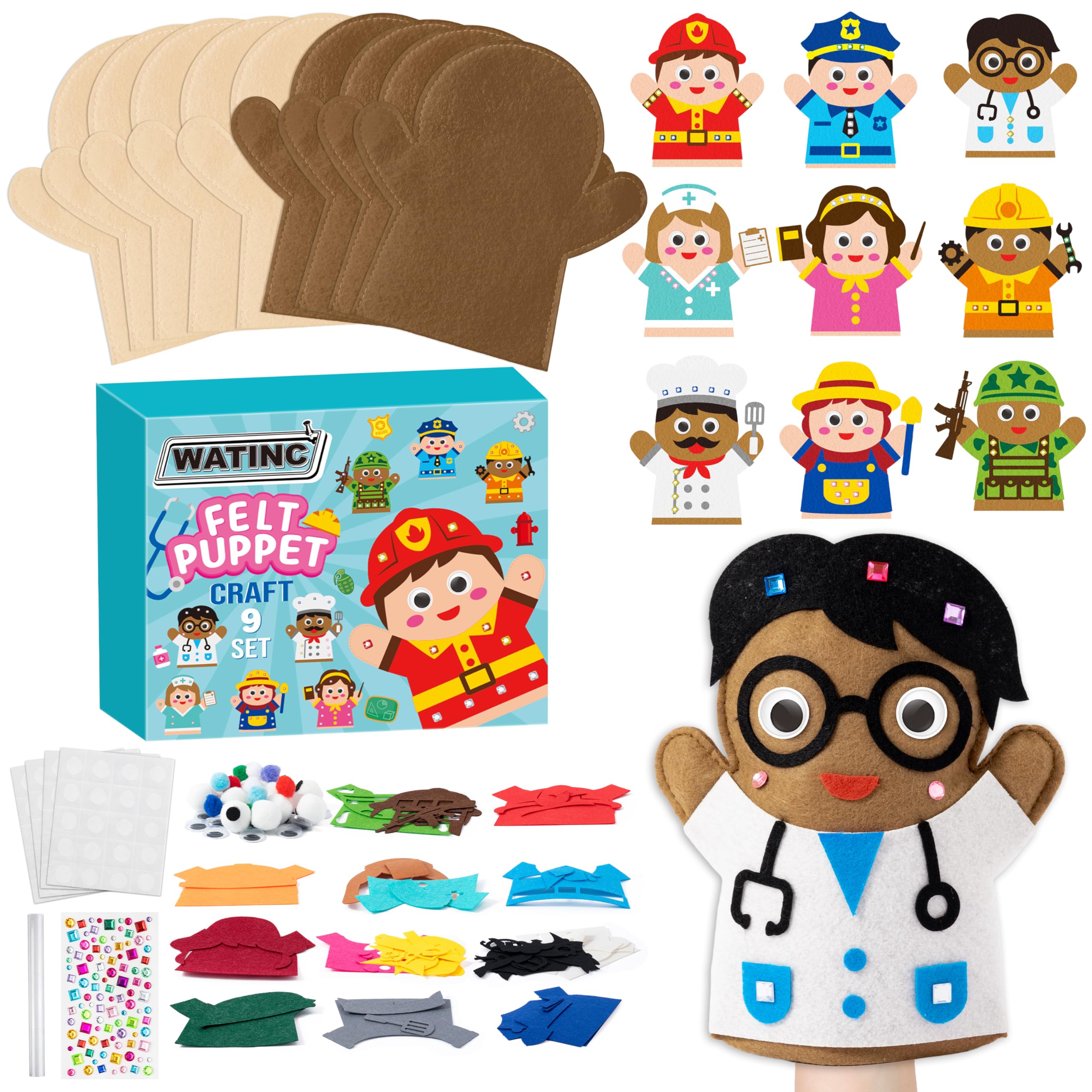 WATINC Hand Puppet Making Kit - 9 Pcs Felt Craft Kit with DIY Pompoms Googly Eyes, Make Your Own Glove Puppet Toys for Kid, Creative Craft for Storytelling Role Play, Party Favor & Gift (Career) — image 1