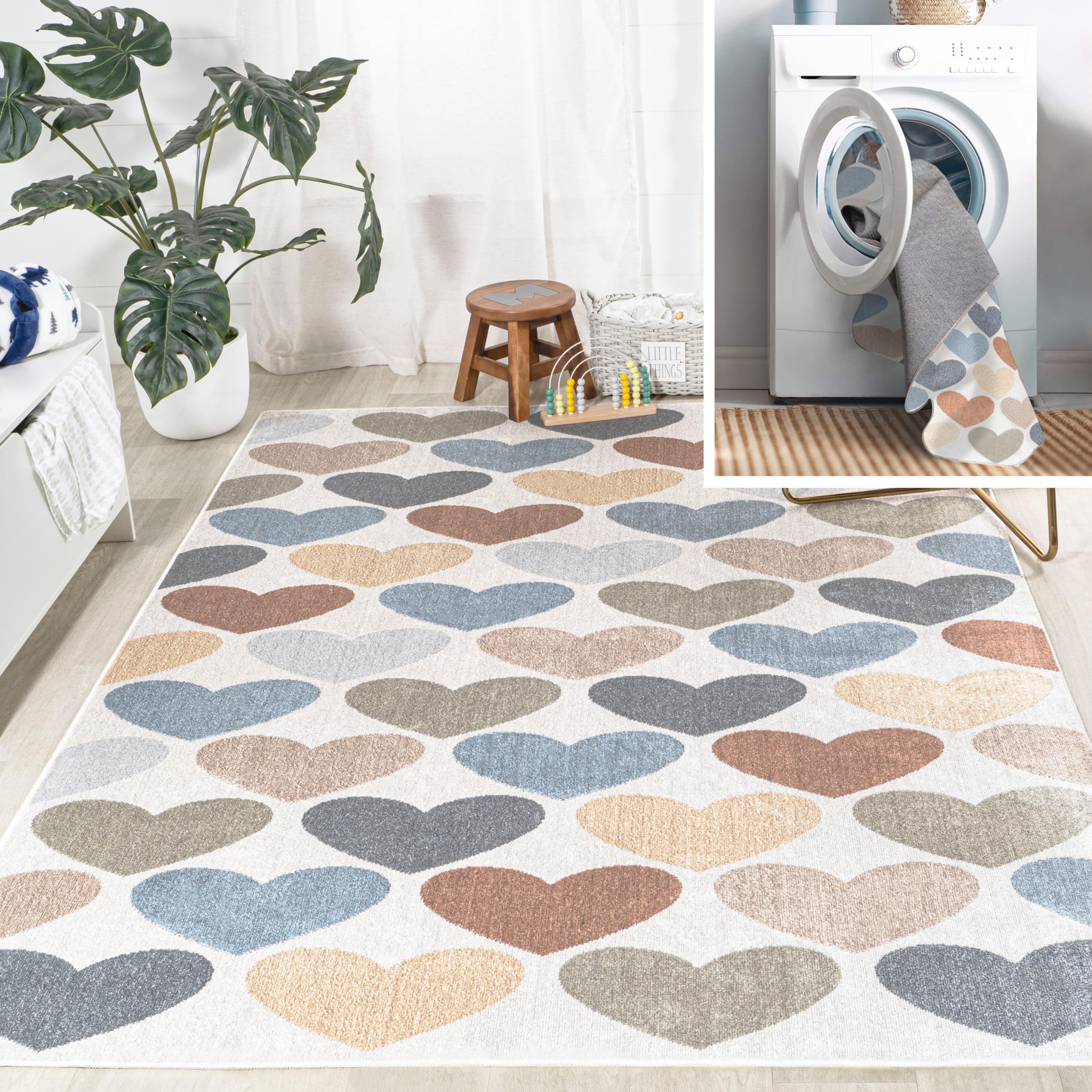 JONATHAN Y KDW101A-5 Dila Modern Hearts Geometric Machine-Washable Indoor Area Rug, Kids & Novelty, Modern, Vintage, Bedroom, Kitchen, Living Room, Easy-Cleaning, Non-Shed, 5 X 8, Ivory/Blue/Orange