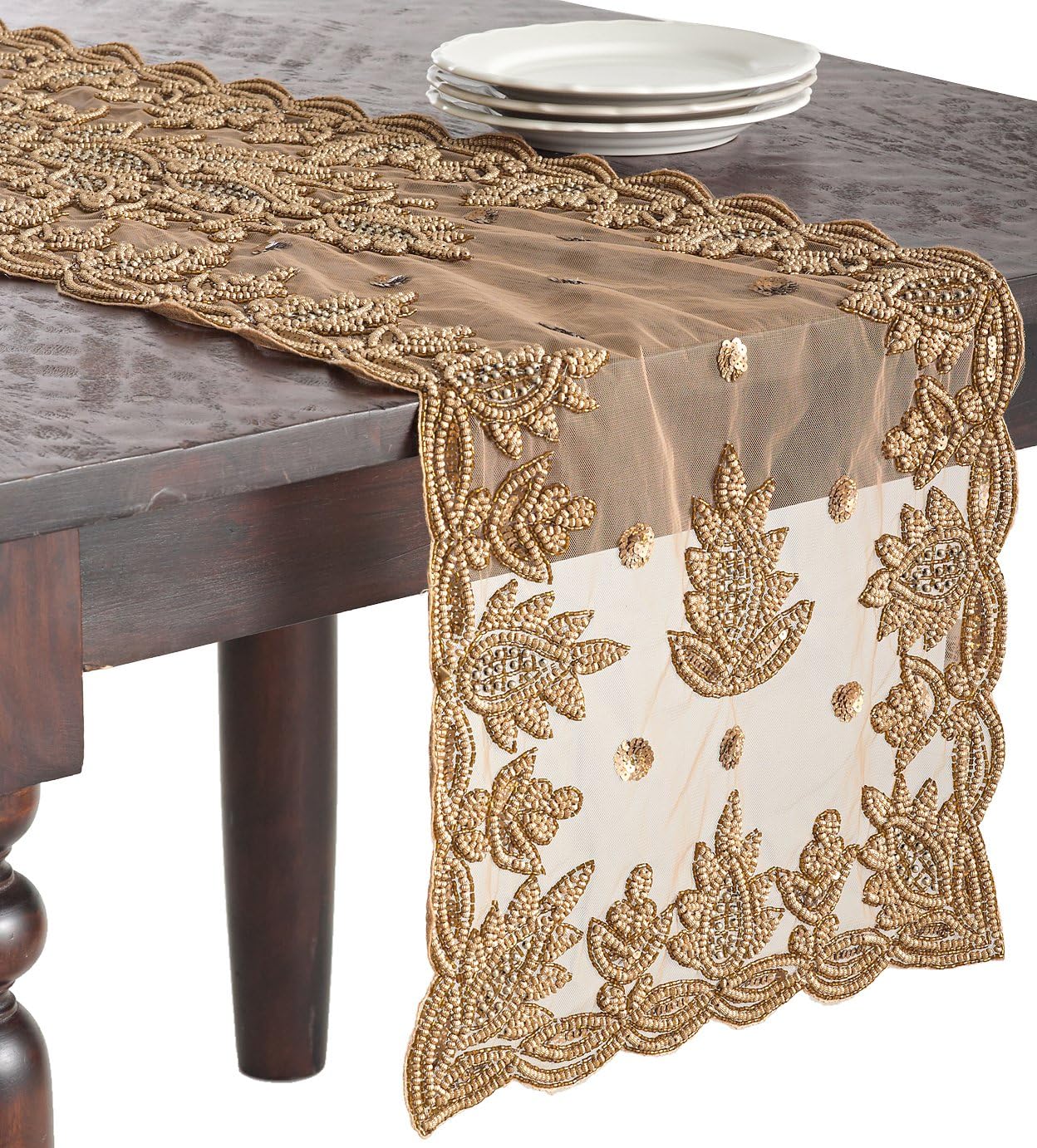 SARO LIFESTYLE Lakshmi Collection Beaded Table Runner 16" x 72" Gold 1 Piece