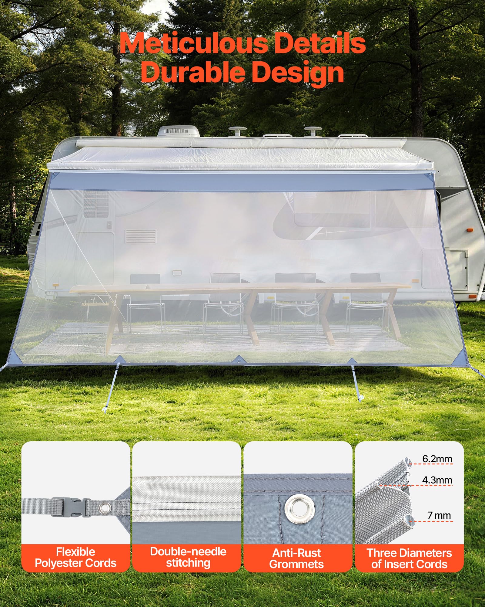VEVOR Pannello Laterale Frangisole in Poliestere Trasparente Parete Frontale per Camper Roulotte 2x4,3m Compatibile per Tenda da Sole 4,5m