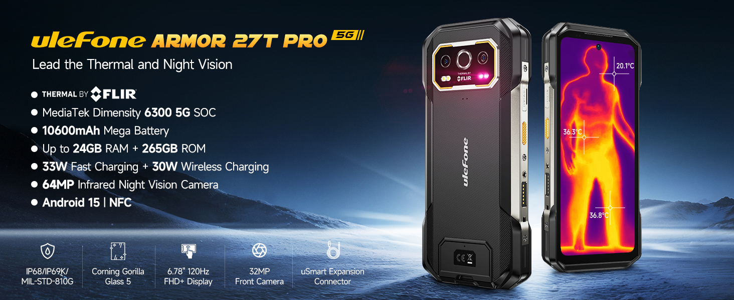 Ulefone Armor 27T Smartphone Robustzo Con Termocamera - 24GB RAM, 256GB ROM, Batteria 10600mAh, Android 14, Nero - 2
