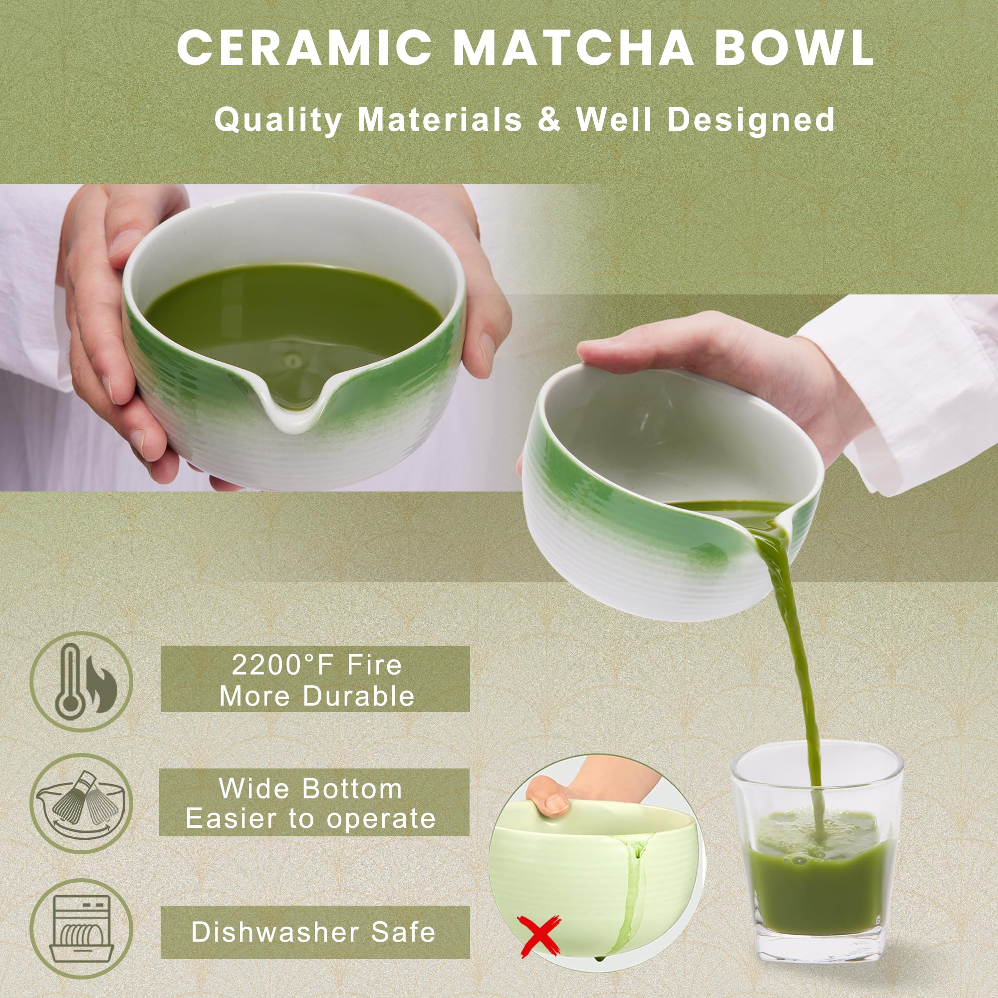 Juego de cuenco de matcha con boquilla, batidor de matcha y soporte para batidor de matcha, cuchara y cuchara de bambú hechas a mano con tamiz de matcha para hacer matcha, verde
