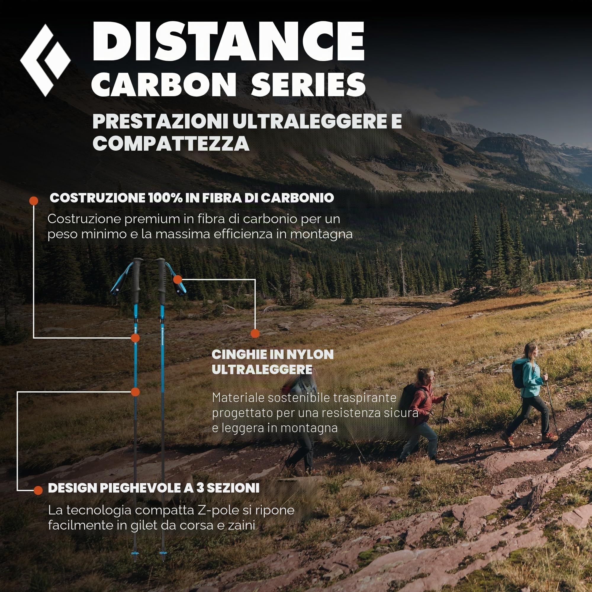 BLACK DIAMOND Distance Carbon Z - Bastoncini da trekking e da corsa, 105 cm, in fibra di carbonio pieghevole ultra leggero da trekking con lunghezza fissa, cielo deserto