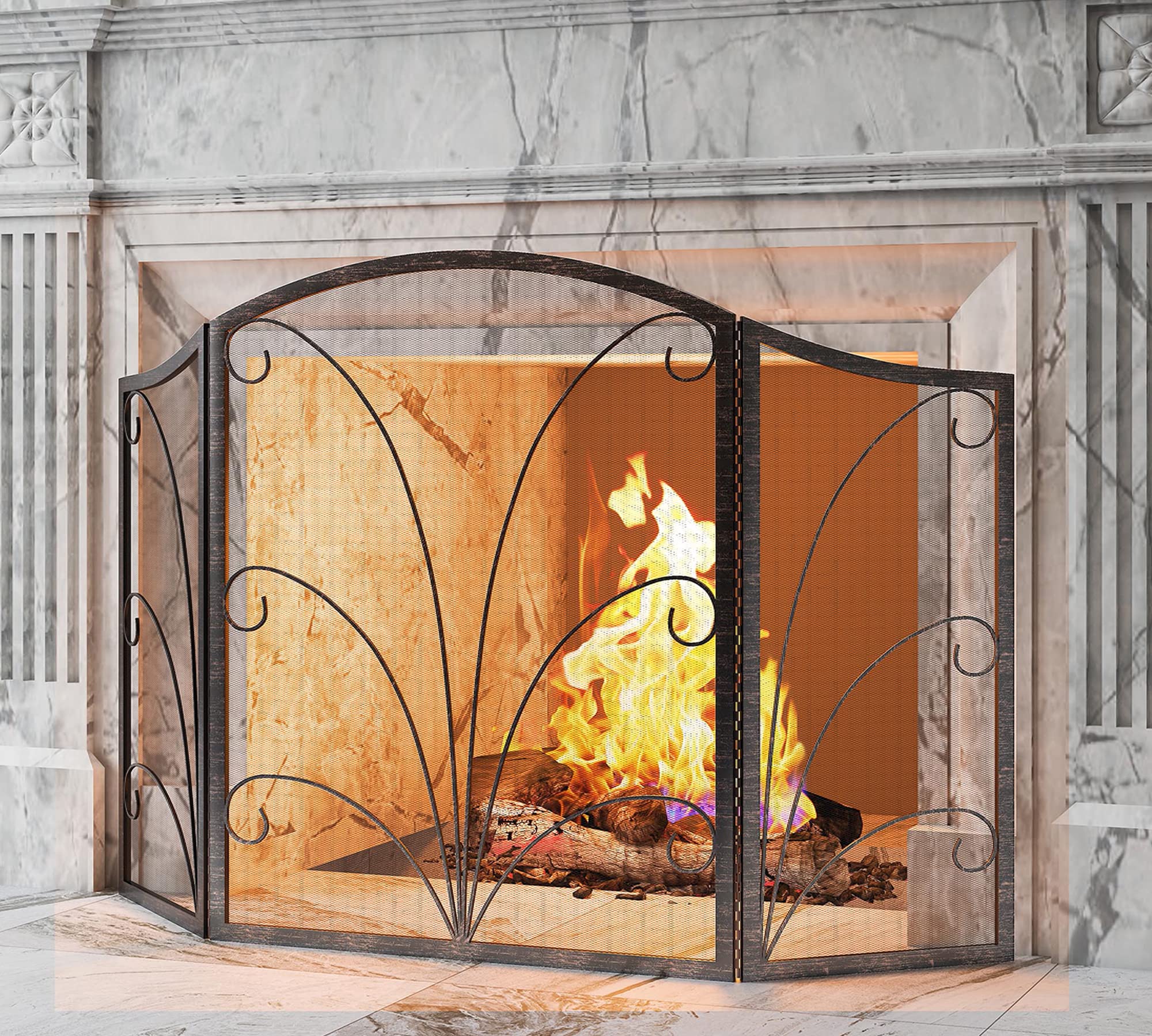 Photo 1 of Kingson 3-Panel Arched Fireplace Screen Decorative, Handcrafted Scroll Wrought Iron Fire Spark Guard Cover for Wood Burning Fireplace-Brushed Copper