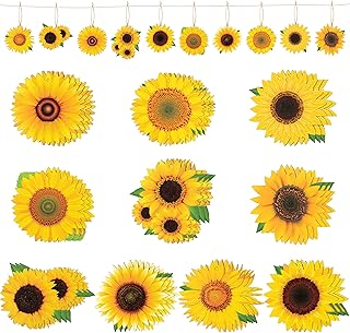 WATINC 31pcs Spring Summer Sunflower Wooden Hanging Ornament Set, Sunflowers Wood Hang Pendant Decoration, Rustic Flower Craft Gift Tag Decor with Rope for Home Garden Holiday Beach Party (10 Styles)