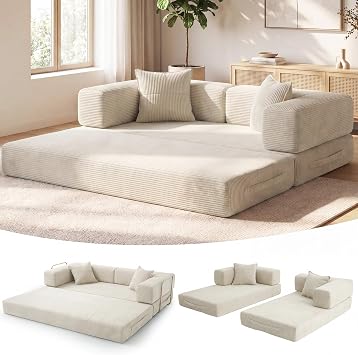 Vipbear 3 Seater Boneless Sofa Bed,Modular Convertible Couch,Pull Out,Cream