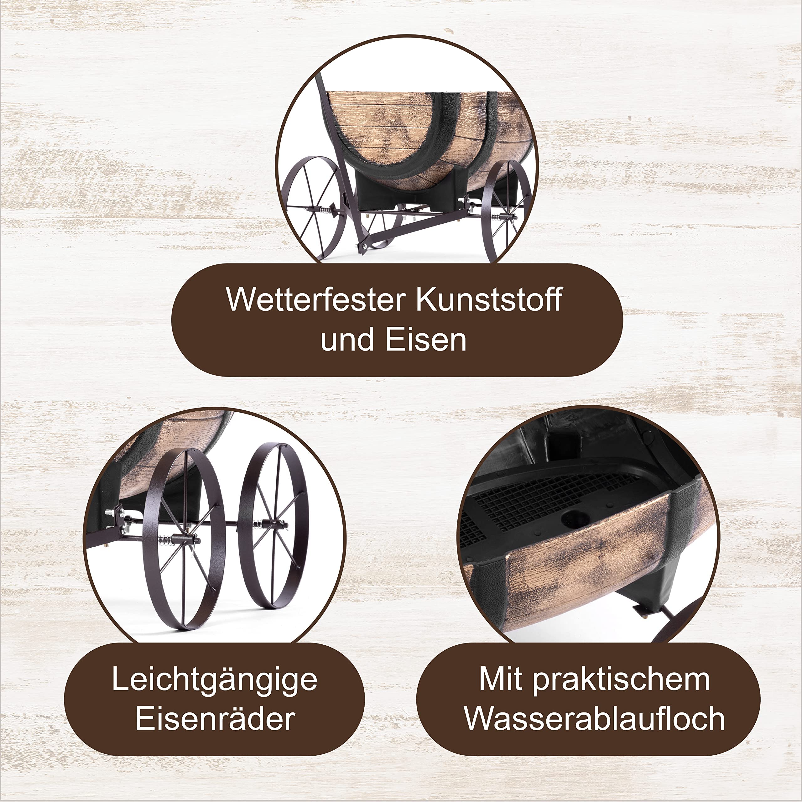 STREND PRO Blumenwagen Whiskyfass - Pflanzwagen auf rädern, Gartendeko Blumentopf Barel - realistischer Blumentopf Holzoptik Planzschubkarre - Leiterwagen Holz, Bollerwagen Holz
