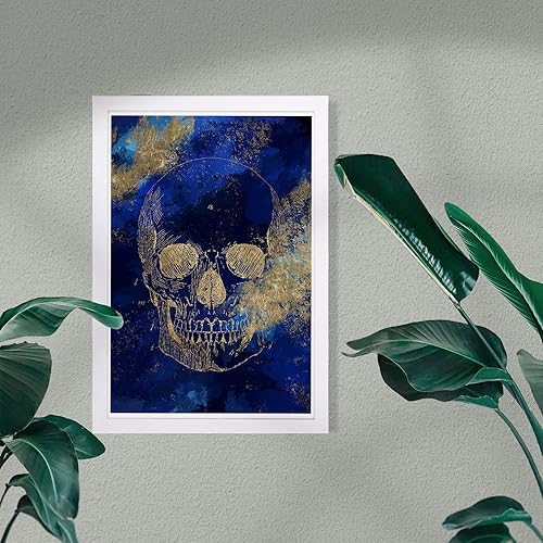 Miniatura 2 de Wynwood Studio Símbolos y objetos enmarcados para pared, diseño de calavera para decoración del hogar, 13 x 19 pulgadas, dorado, azul