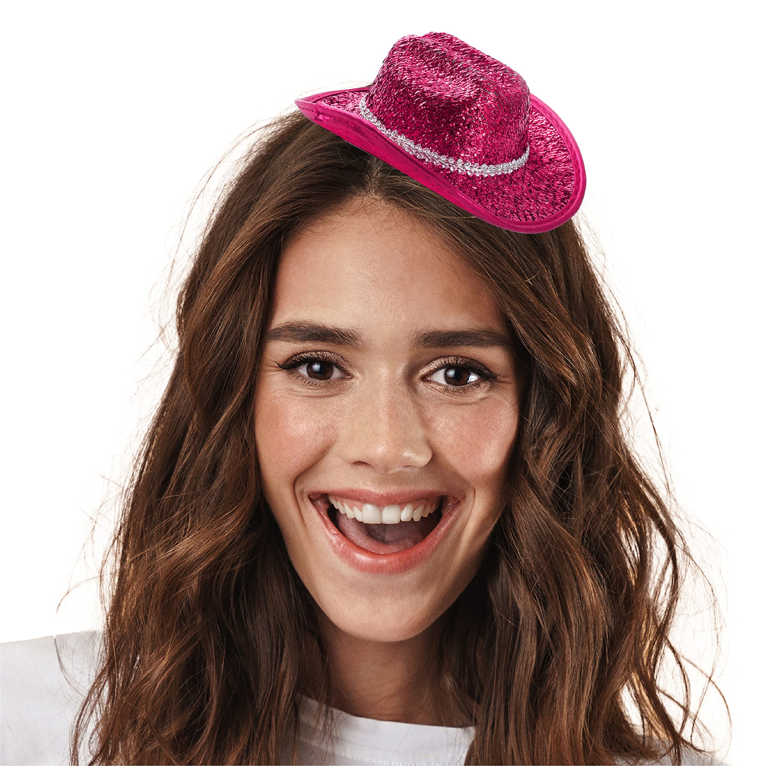 Pink Mini Sparkling Cowgirl Hat - Fascinator Style Miniature Pink Cowboy Hats - Perfect for Hen Parties and Fancy Dress Costume - Pack Of 3