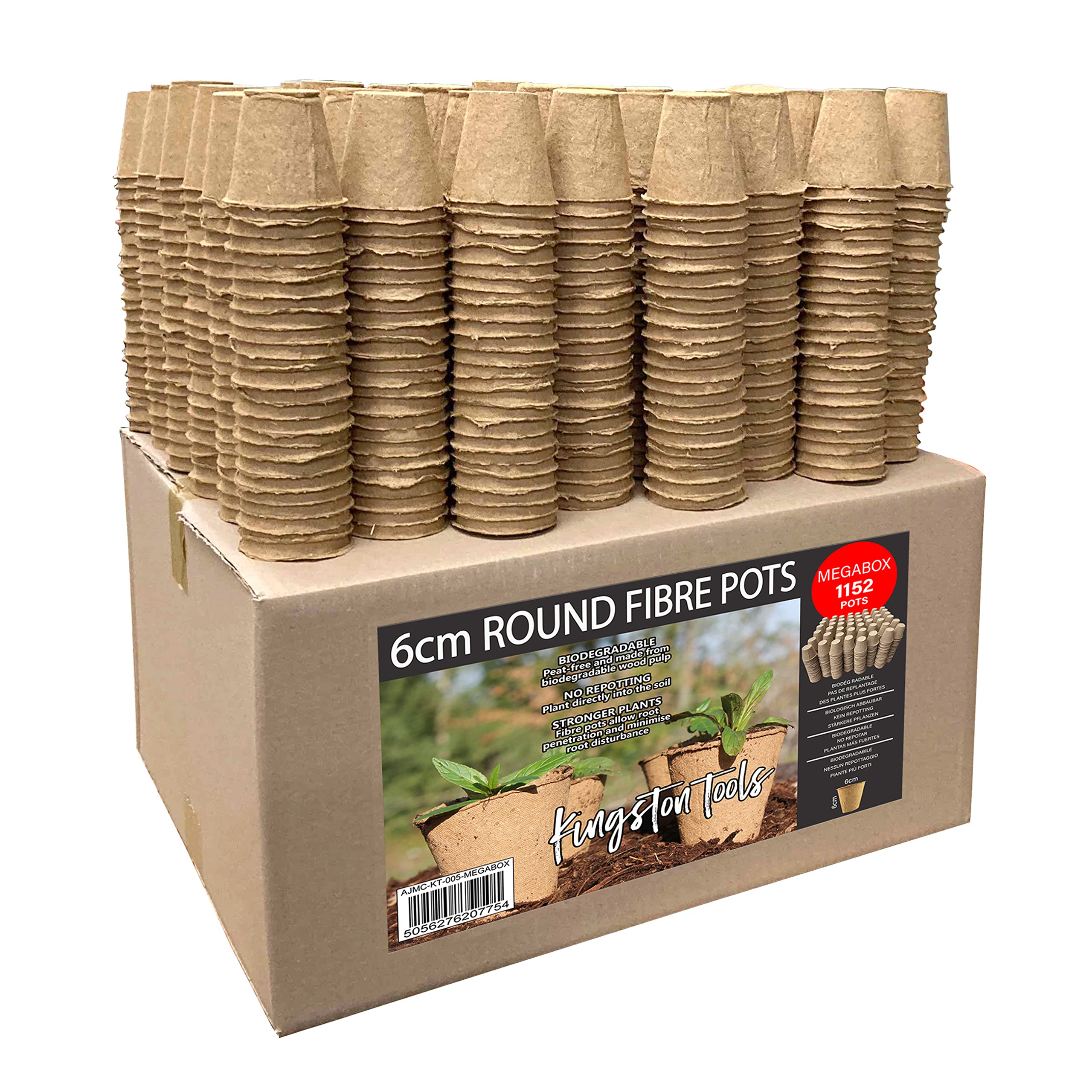 Kingston Tools Megabox 1152 Round Fibre Pots 6cm Gardening Pot — Peat-Free Biodegradable Wood Pulp — Ideal for Seeds, Seedlings and Cutting -
