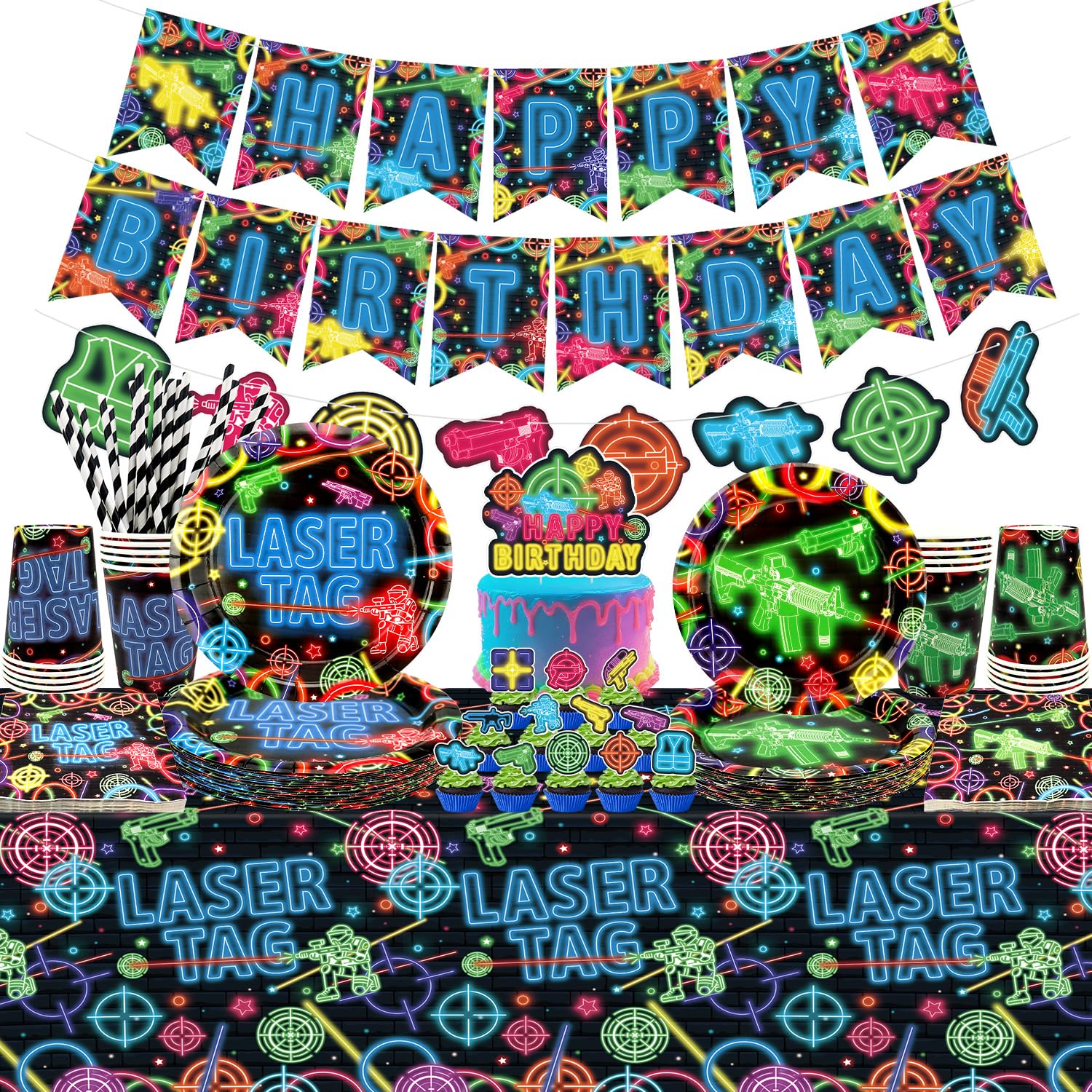 Laser Tag Party Decorations, Laser Tag Party Supplies, Plates Cups Napkins Tablecloth Neon Glow theme Banner Balloon Cake Toppers for Shooting Game Neon Glow Party Supplies, Serves 20