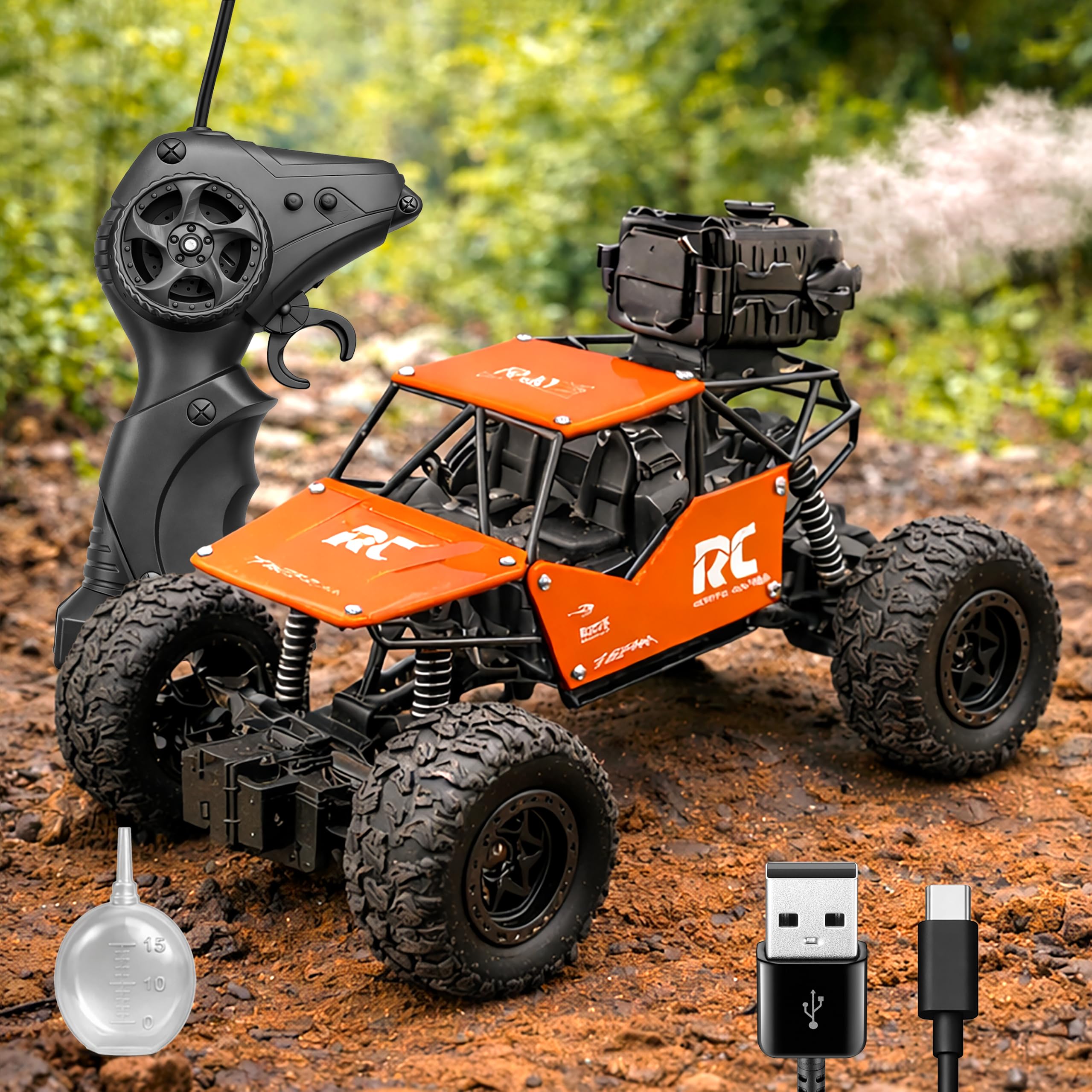 VGRASSP Remote Control Rock Crawler Monster Truck Toy for Kids with Mist Spray - Metal Body Rechargeable Off-Road All Terrain RC Smoke Car with High Strength Shockers - Color As Per Stock-image-49