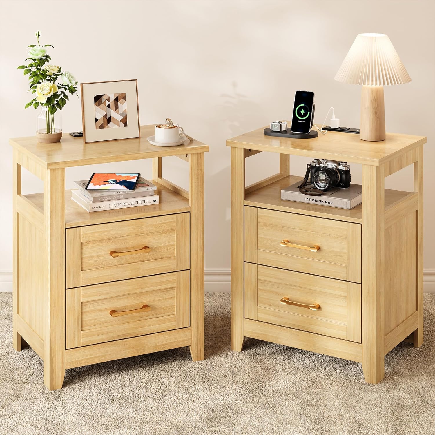 Farmhouse Nightstand with Charging Station, Modern End Tables with 2 Drawers & Open Shelf, Outlets, USB Ports and Type-C Ports, Wood Rustic Nightstands for Bedroom (Pure White + Walnut)