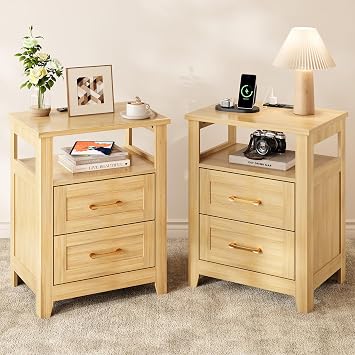 Decofy Farmhouse Nightstand with Charging Station, Modern End Tables with 2 Drawers & Open Shelf, Outlets, USB Ports and Type-C Ports, Wood Rustic Nightstands for Bedroom 2 Pack, Oak
