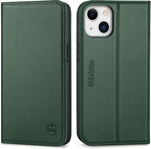 SHIELDON Case for iPhone 13, Shockproof Genuine Leather Wallet Case [Card Slots][RFID Blocking][TPU Shell][Kickstand] Magnetic Folio Flip Cover Compatible with iPhone 13 6.1" 5G 2021, Midnight Green
