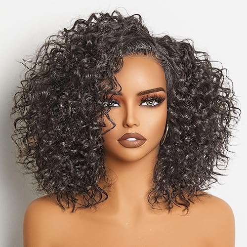 GORGIUS Shaggy Curly Wave Bob Wig Glueless Ready To Go Hd Lace Front Wigs for Women Fiber Blend Human Hair 200% Density Pre Plucked Pre Cut Side Part Natural Color 12 Inch